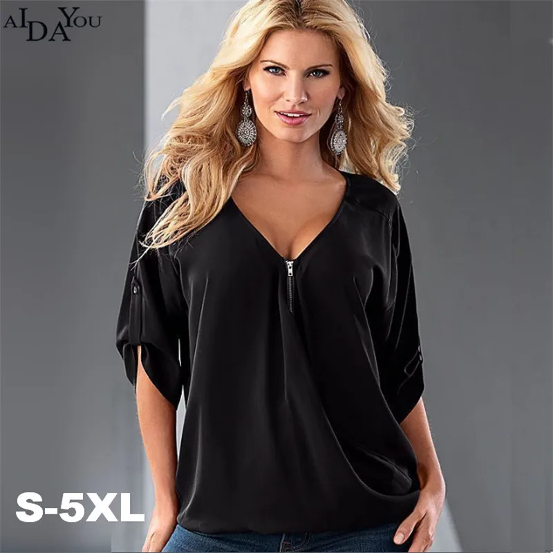 

2019 Plus Size 5xl Womens blouse sexy US style Blouse Loose deep V-neck pure color casual shirt big size AIDAYOU ouc592