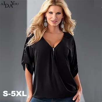 

2019 Plus Size 5xl Womens blouse sexy US style Blouse Loose deep V-neck pure color casual shirt big size AIDAYOU ouc592