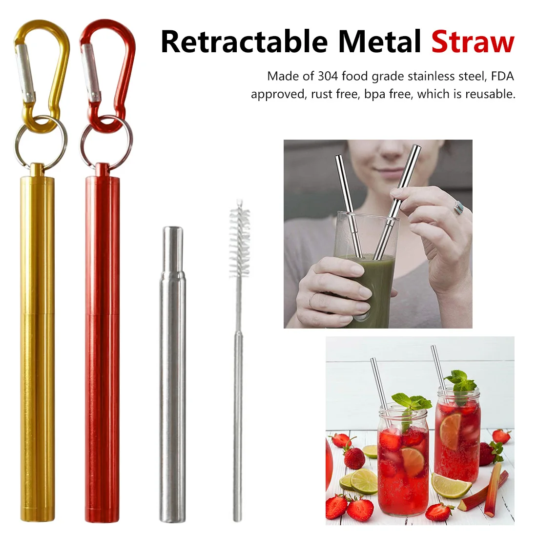 Drinking Straw Metal Straw Portable Reusable Collapsible Stainless Steel Telescopic Straws with Cleaner Brush