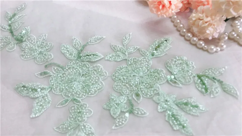 Мятно-зеленая бисероплетенная Свадебная кружевная ткань аппликация, ручная швейная французская кружевная наклейка вышивка цветочный мотив с блестками цельный