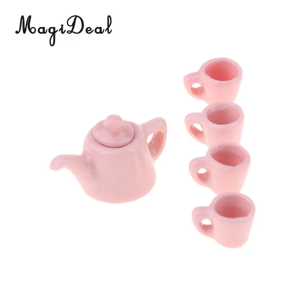 5 Pieces 1/12 Dollhouse Miniatures Dining Ware Porcelain Tea Cup Set Kitchen Accessory Pink