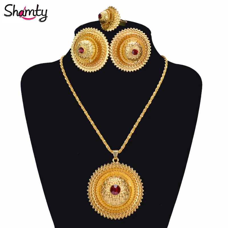 

Shamty Habesha Red Stone Jewelry Sets Bridal Pure Gold Color Wedding Trendy African Ethiopian Sudan Nigeria Eritrea Kenya A30031