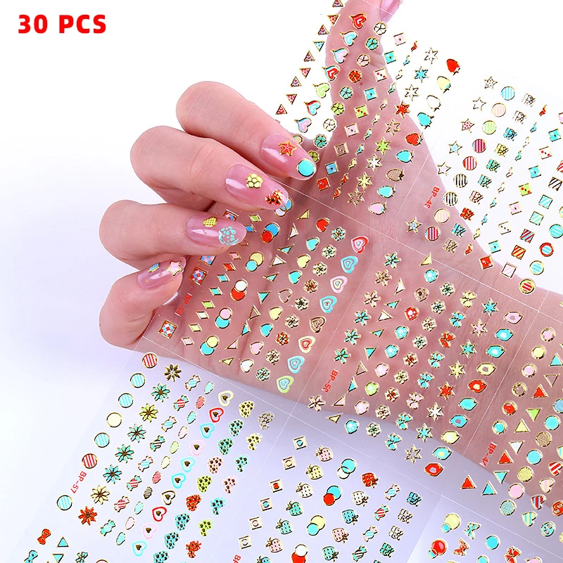 

30 pcs Colorful Nail Sticker Japan Korea Style 3D Manicure Decal Mixed Geometric Pattern Applique Nails Art Decorations Stickers