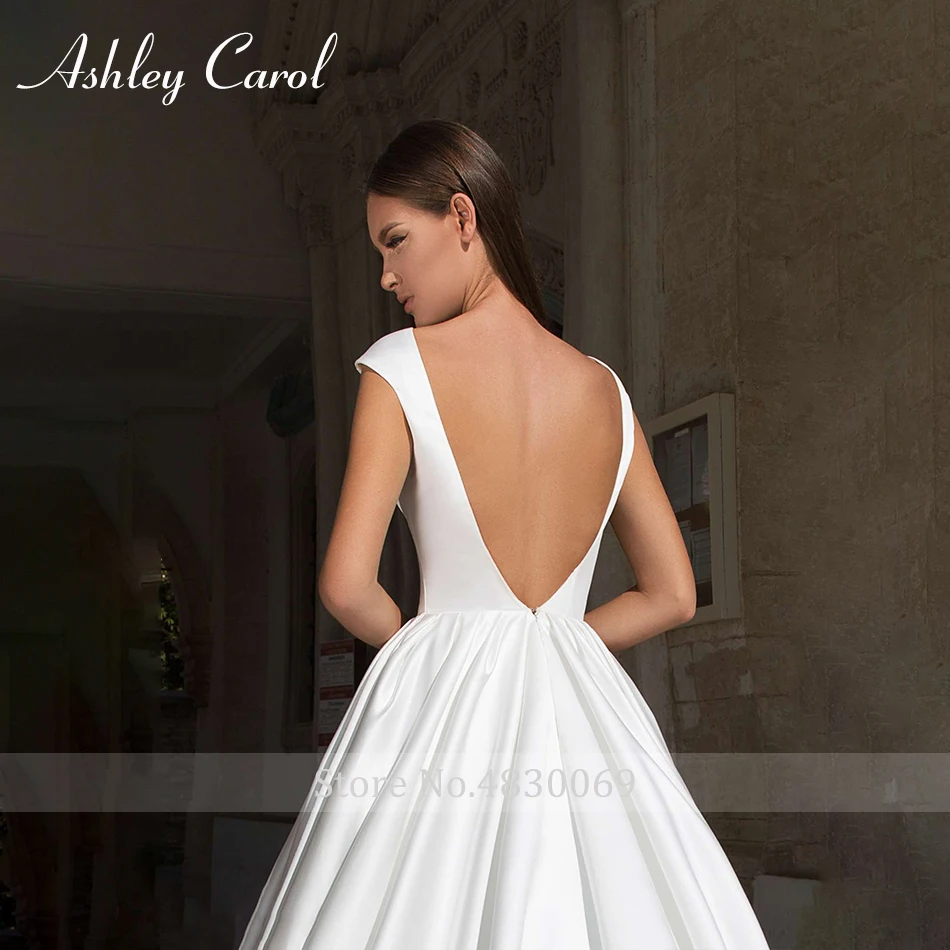 Ashley Carol изящное короткое сексуальное свадебное платье с вырезом лодочкой и открытой спиной, простой сатин Новое свадебное платье принцессы со шлейфом