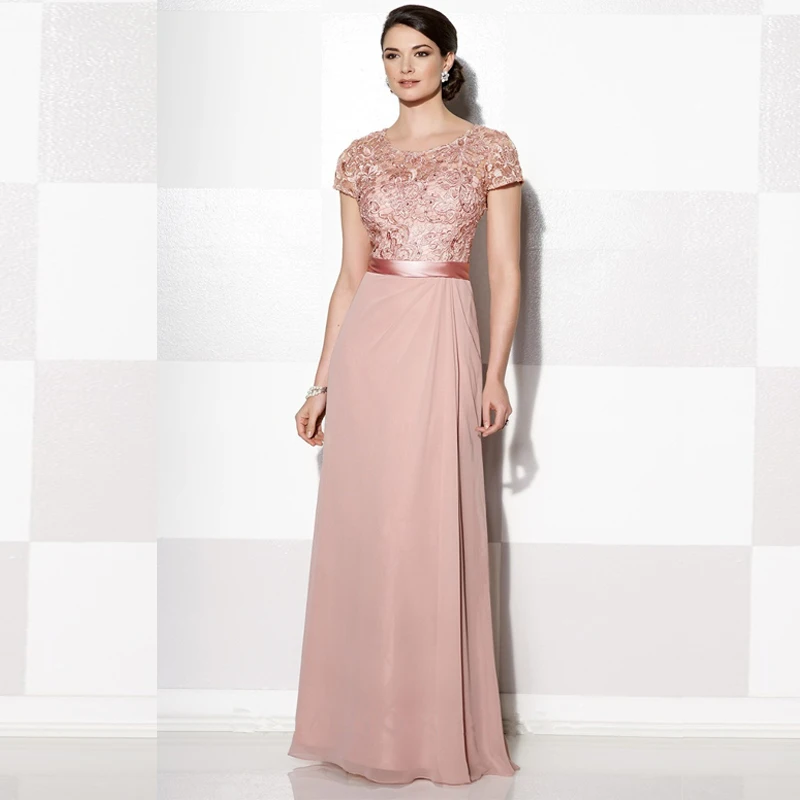 

New Arrival Simple Chiffon Lace Mother of the Bride Dresses Plus Dresses Cap Sleeves Pink Evening Gowns