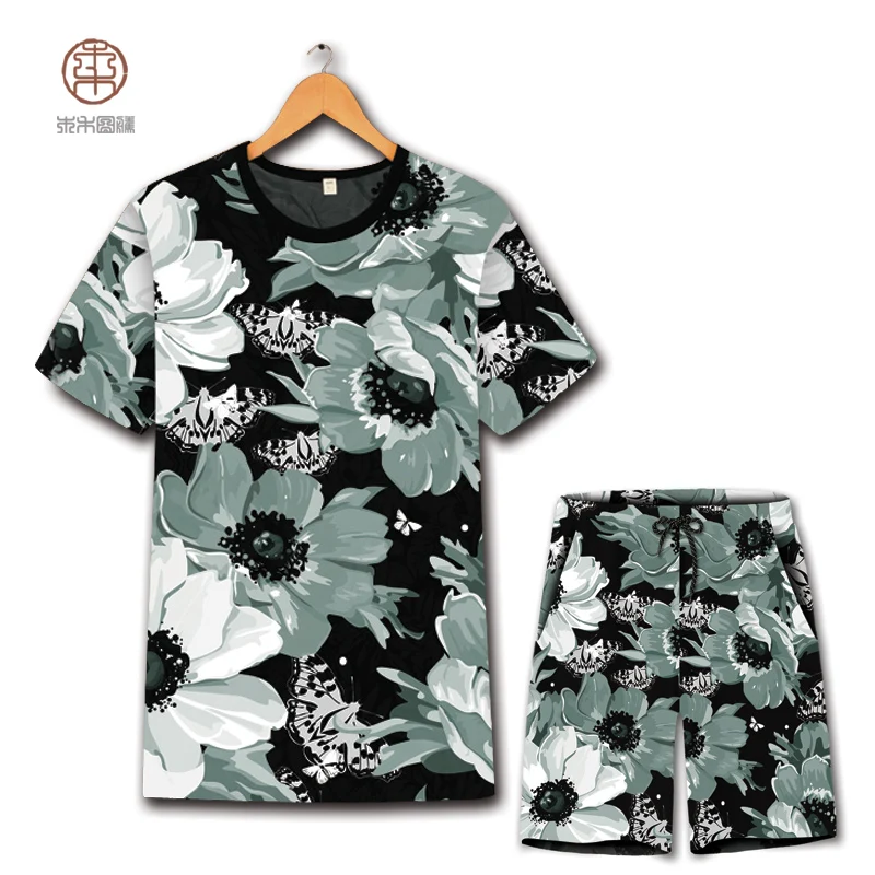 Изысканная футболка в китайском стиле с цветочным принтом и шорты, летний костюм, новые качественные мягкие удобные мужские короткие комплекты