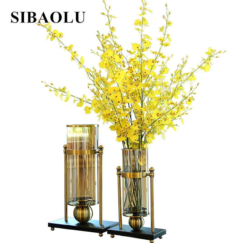 Высококачественная Европейская стеклянная прозрачная ваза для гостиной, настольная ваза для цветов, роскошные металлические украшения, украшение из сплава, Золотая бронзовая ваза