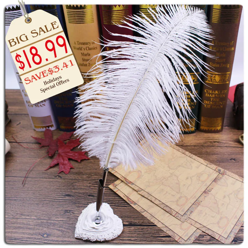 Party Wedding Supplies Ostrich Feather Quill Guest Signature Pen+Pen