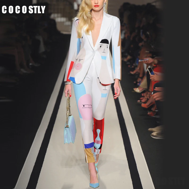 

Women Suits office sets Long Sleeve Cartoon Geometric Print One Button Turn-down Collar Blazer + Pencil pant suits for women