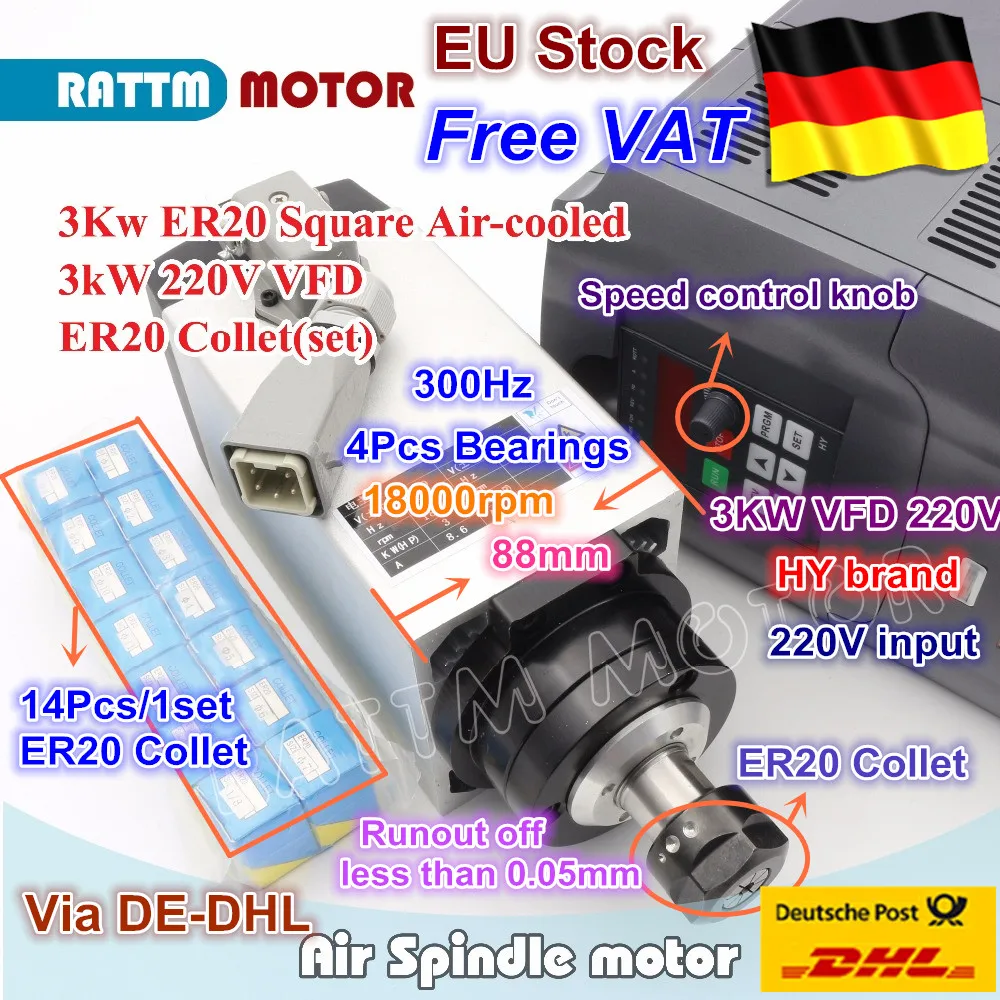 Skup 【DE wolny VAT】 kwadratowy 3KW ER20 chłodzony powietrzem silnik wrzecionowy 4 łożyska i 3kw falownik VFD 220V i 1 zestaw ER20 Collet CNC Router
