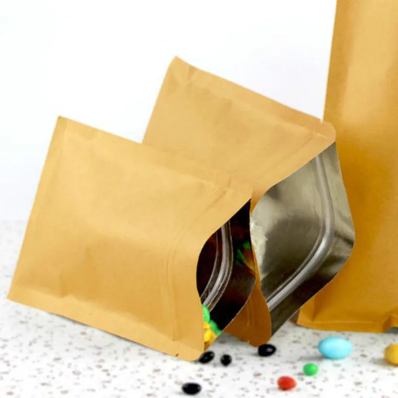 100pcs/lot Kraft Paper Food Bag with Zip Lock Reusable Sealing Bag Inside Aluminizing Pouch For Storing Cookie Dried Food Snack