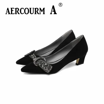 

Aercourm A 2019 Women Black Solid Color Pumps Lady Genuine Leather Shoes Square Middle Heel Pumps Rhinestone Bows Spring Shoes