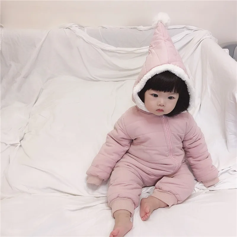 

Infant child winter coveralls men baby cute ball hat plus velvet warm out out suit romper