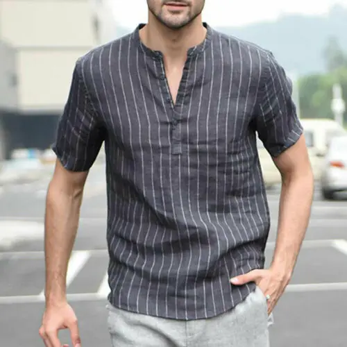 Hirigin летняя Мужская льняная рубашка с v-образным вырезом и коротким рукавом, простая футболка, повседневные топы, блузка
