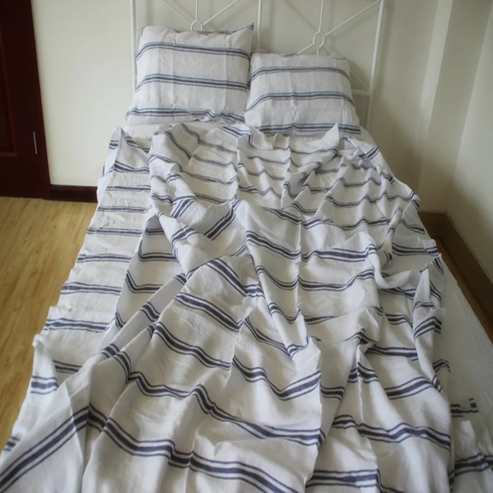 3pcs French Washed Linen Bedding Set King Striped Flax Pure Linen Sheets Set Pillowcases Shams Bed sheets Bedsheet Christmas