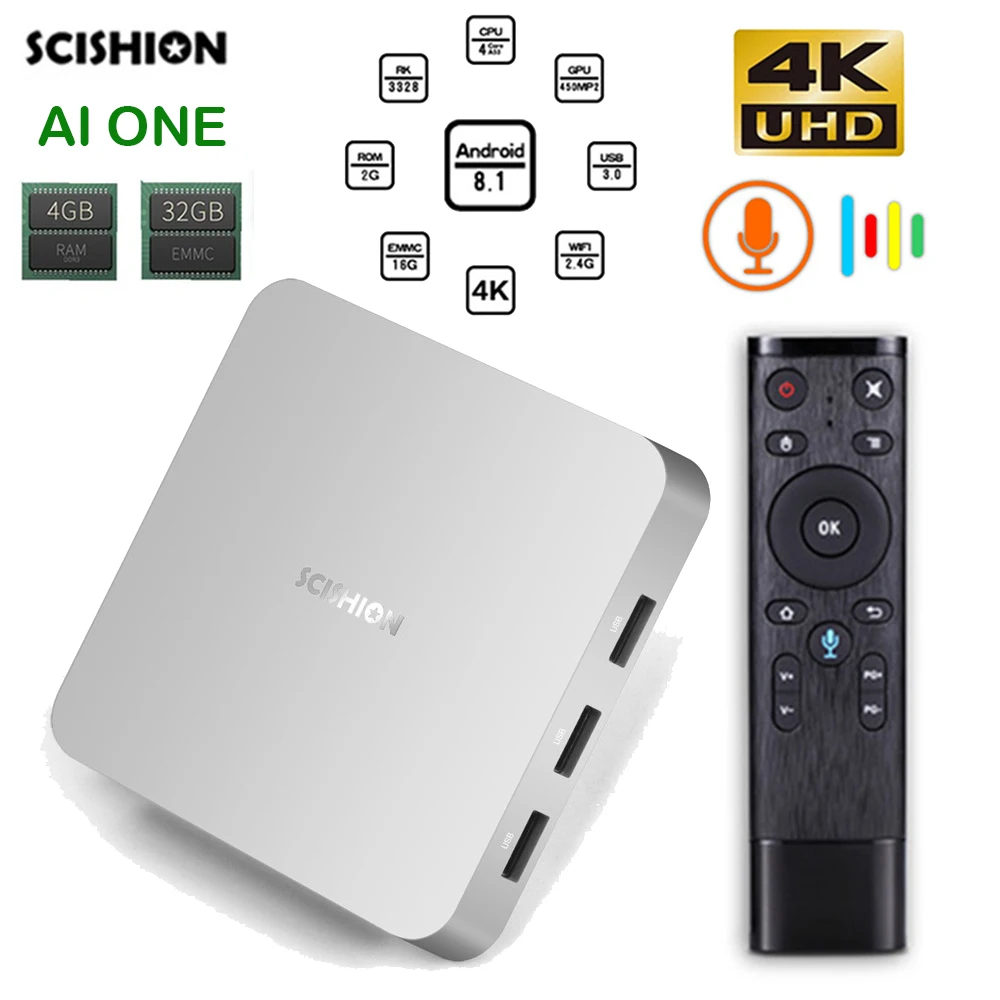 2018 новейший Android 8 1 ТВ бокс AI ONE Голосовое управление RK3328 4 Гб 32 WIFI Bluetooth USB 3 0