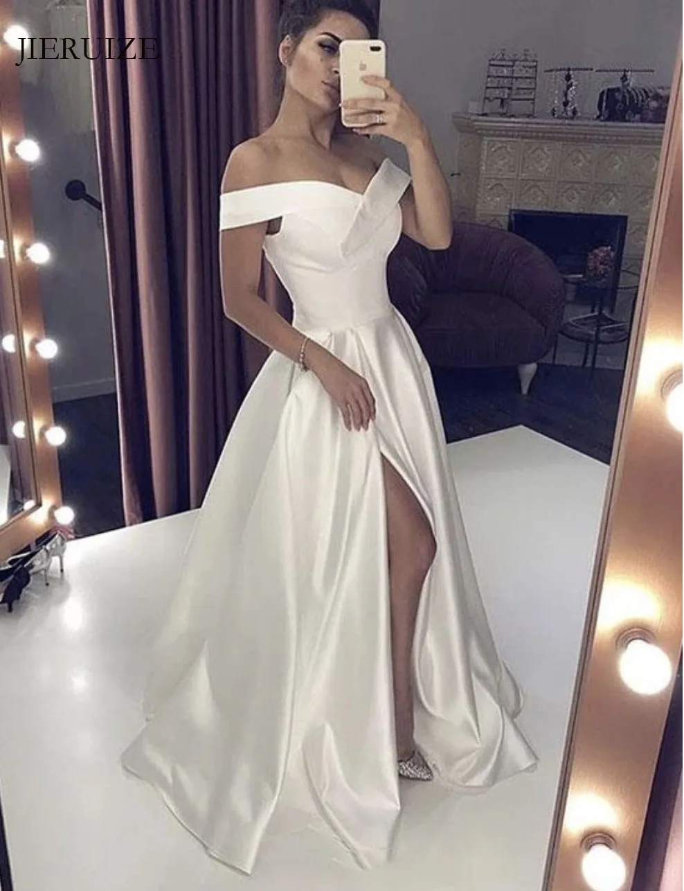 

JIERUIZE White Satin Simple Wedding Dresses Side Slit Off The Shoulder Lace Up Back Wedding Gowns Bride Dresses