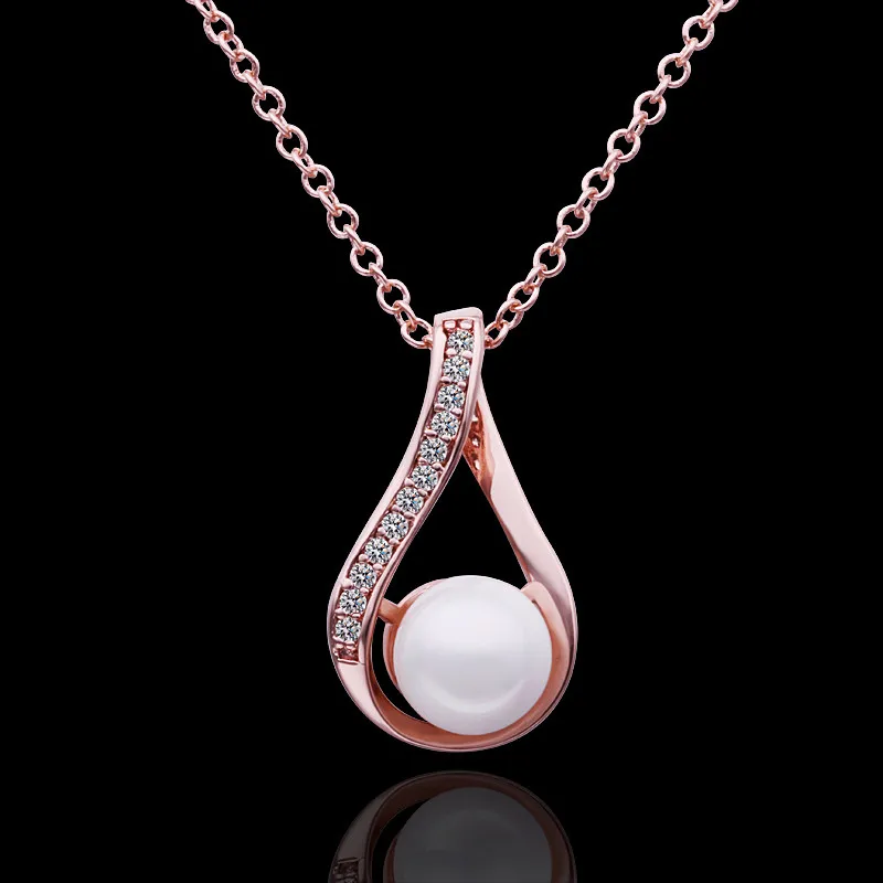 2017 Fashion Simulated Pearl Pendant Necklace Rose Gold Link Chain