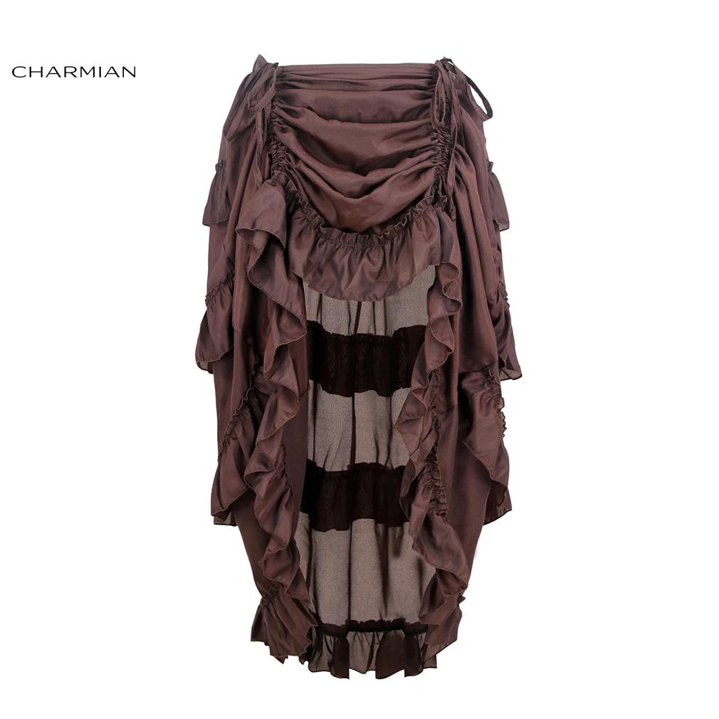 Charmian Женская юбка размера плюс в викторианском стиле, готическая юбка в стиле стимпанк, сексуальная летняя вечерняя черная юбка с оборками, винтажная юбка с высокой талией и низкой талией