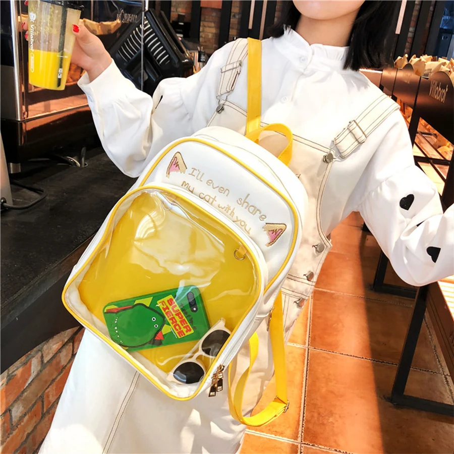 Прозрачный ПВХ рюкзак на плечо с рисунком из мультфильма, женский рюкзак из искусственной кожи с надписью Harajuku для девочек-подростков, милый JK Itabag Mochila Mujer