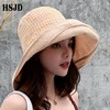 Summer Women Double-sided Cotton Linen Plaid Sun Hat Elegant Big Wide Brim Foldable Anti-UV Beach Sun Floppy Hats Flat Caps Bob ► Photo 3/6