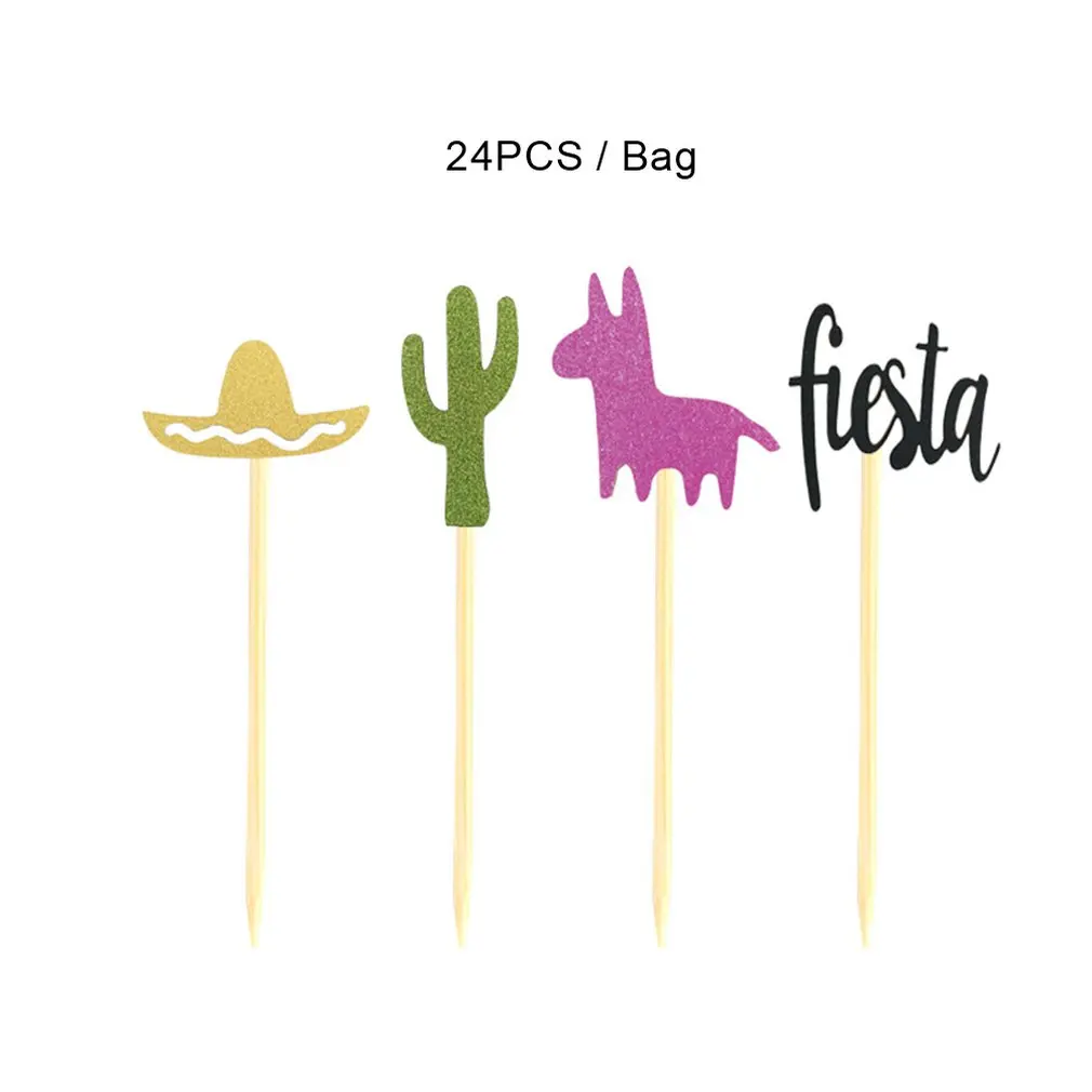 24/Pack of Mexican Carnival Theme Party Decorating Cake Insert Cactus Alpaca Fiesta Hat