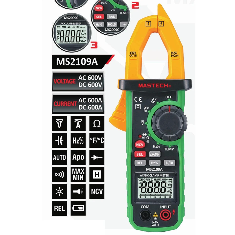 

Mastech MS2109A True RMS Auto Range Digital AC DC Clamp Meter 600A Multimeter Volt Amp Ohm HZ Temp Capacitance Tester NCV Test