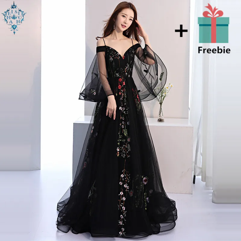 

Ameision Evening Dress 2019 Black Embroidery Floral Spaghetti Strap Train Elegant Trailing Dinner Gowns robe de soiree