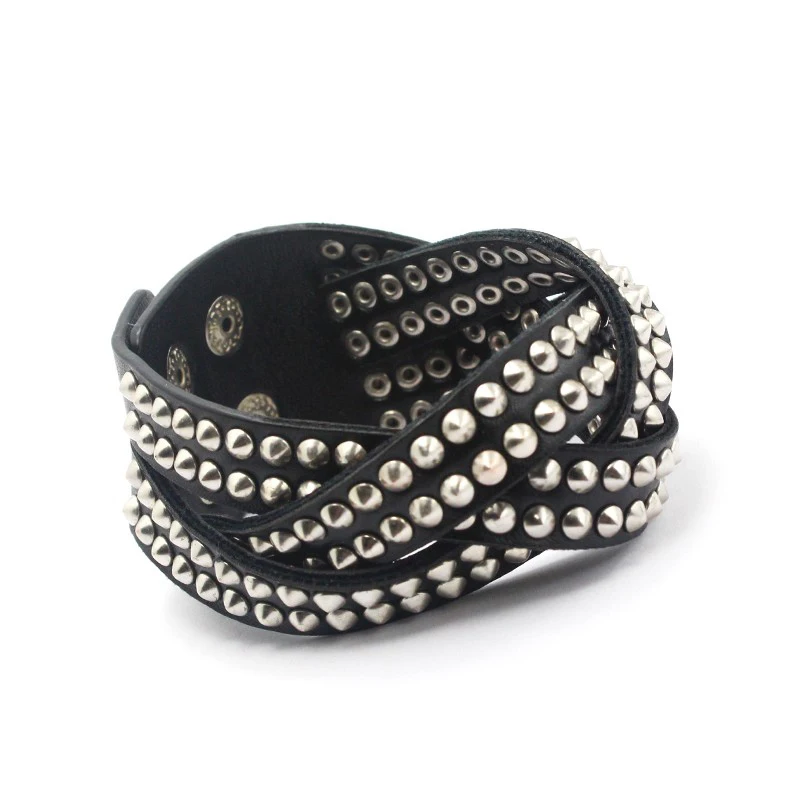 Уникальный черный кожаный широкий браслет с заклепками, модные ювелирные изделия, многослойные браслеты в стиле рок-панк для женщин и мужчин, браслеты