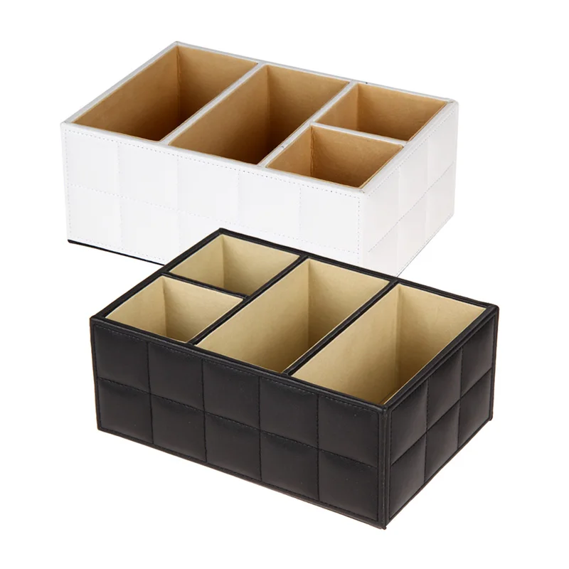 Wooden Box Office Organizer PU Leather Wood Storage Box Luxury Remote