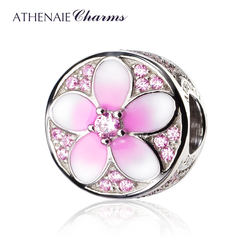 

ATHENAIE 925 Sterling Silver Magnolia Bloom Pale Cerise Enamel Pink CZ Bead Charms Fit All European DIY Charm Bracelet