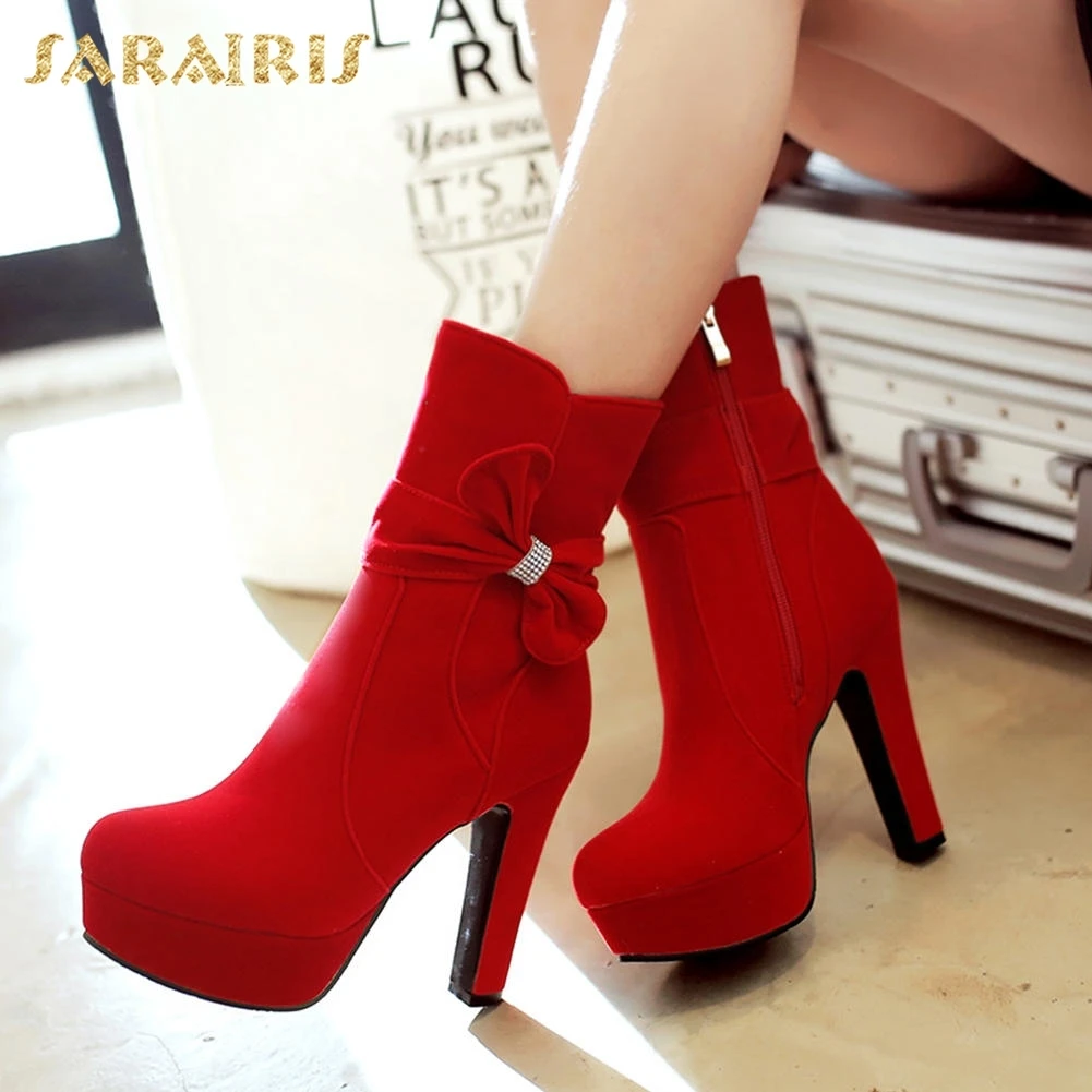 

SARAIRIS plus size 33-43 Zip Up Sweet Bowtie Chunky High Heels Shoes Woman Boots Female Platform Red Boots Woman Shoes