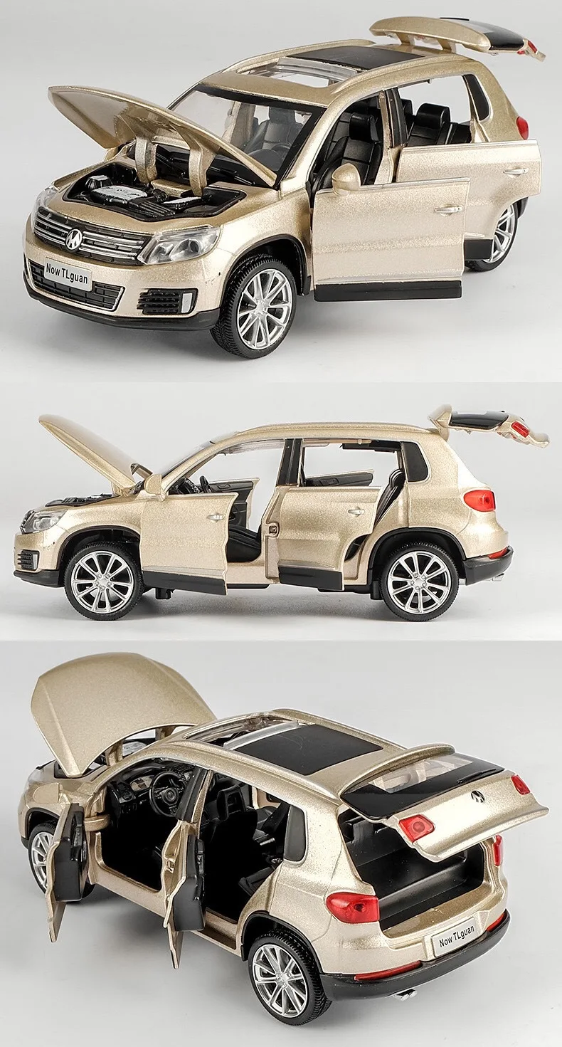 Высокая имитация 1:32 Tiguan SUV Сплав Вытяните назад игрушечный автомобиль модель музыкальный мигающий шесть открываются двери литой металл для детей игрушки