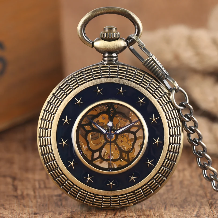 Mechanical Pocket Watch Vintage Bronze Pentagram Stars Dark Blue Retro Bronze Hand Wind Fob Clock Men Women Pendant Gift + Bag (7)