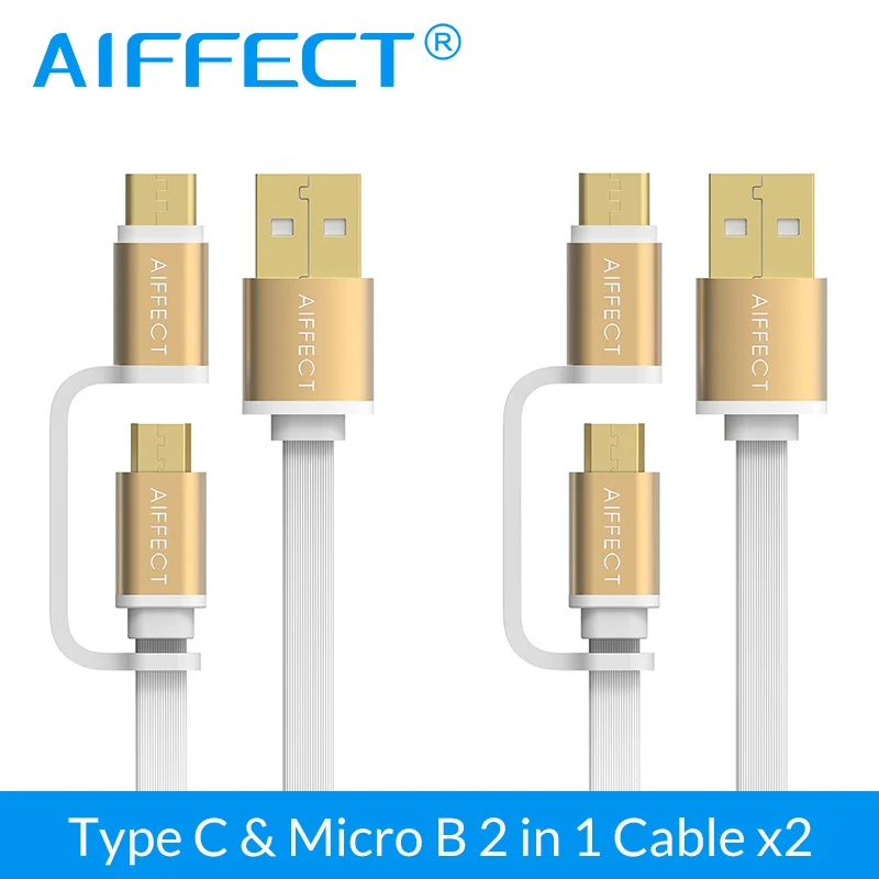 AIFFECT 2 шт. в упаковке 2 в 1 Тип-C кабель для быстрой зарядки и Micro USB кабель для Nexus 5X, Nexus 6 P OnePlus 2 ZUK Z1, LG for Xiaomi 4C - Цвет: Золотой