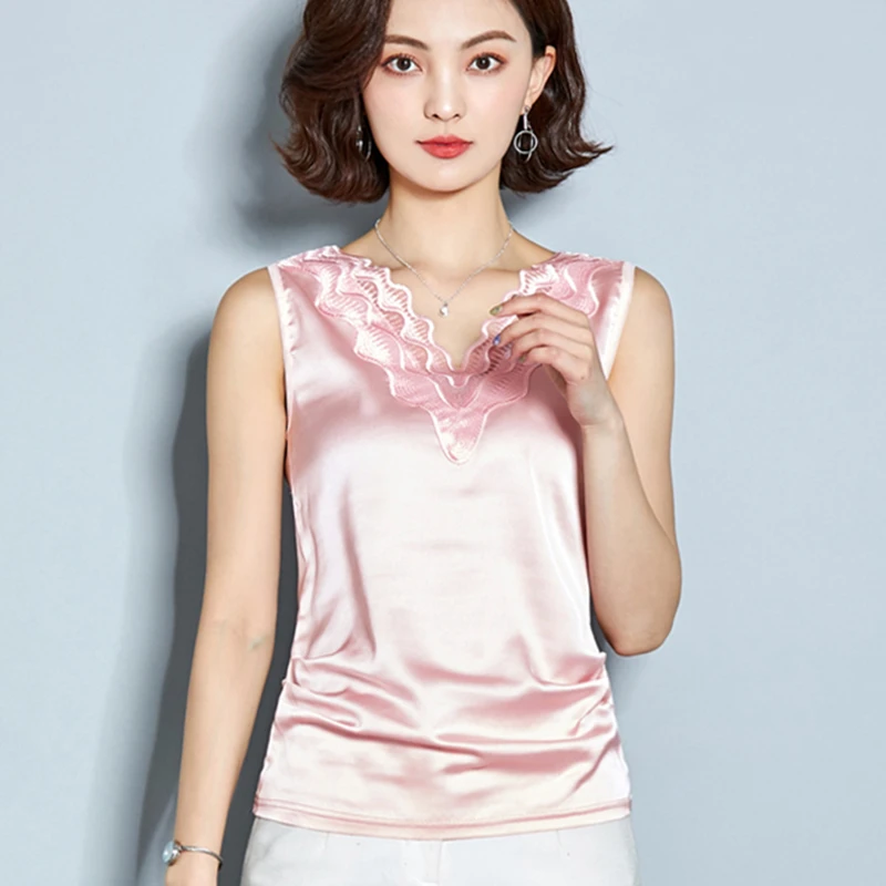 

Korean Fashion Silk Lace Women Tank Tops Streetwear Satin Sleeveless Pink Mesh Back Stain Top Women Plus Size XXXL White Shirt