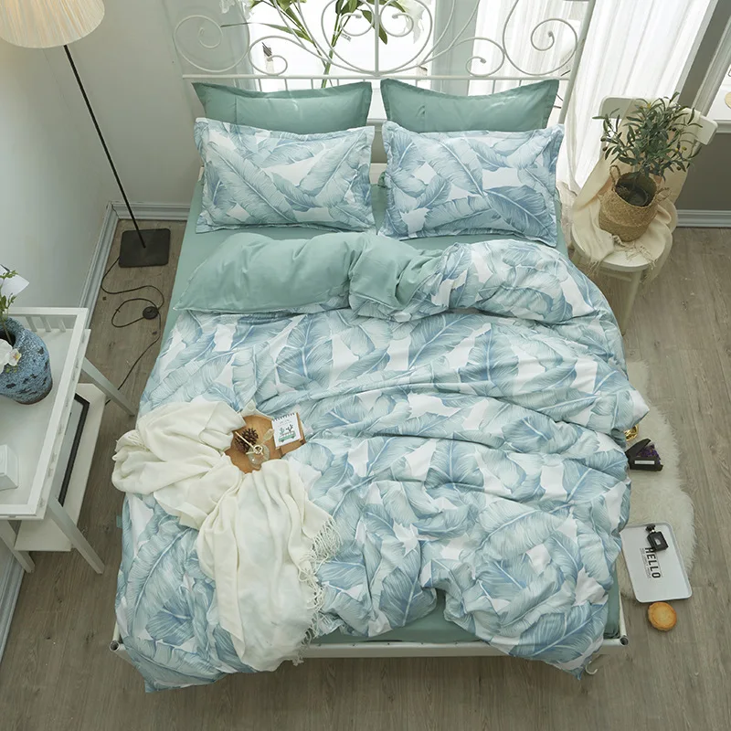 

4PCs Bedding Set Pastoral Leaf Printing For Home Polyester Simple Geometric Pattern Bedclothes