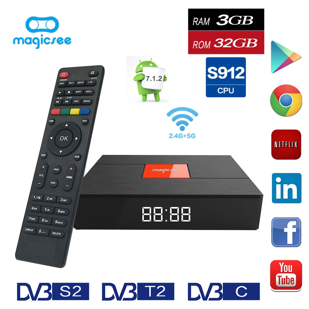 

Magicsee C400 Plus Hybird DVB-S2 /T2 DVB-C TV Box Amlogic S912 Android 7.1.2 3GB RAM 32GB ROM Set Top Box Dual WiFi Media Player