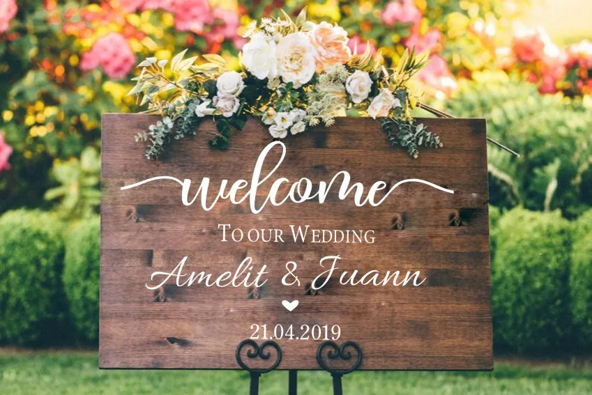 Description Picture 6 of itemWedding Ceremony Welcome Sign Wall Sticker Custom Bride Groom Names Vinyl Decal Wedding Board Mirror Murals Décoration AZ841