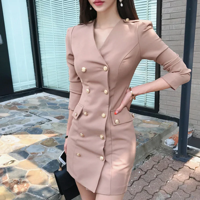 

2018 Autumn Sexy V-neck Women Dress Full Sleeve Double Breasted Pencil Dress Female Bodycon Mini Party Vestidos high quality