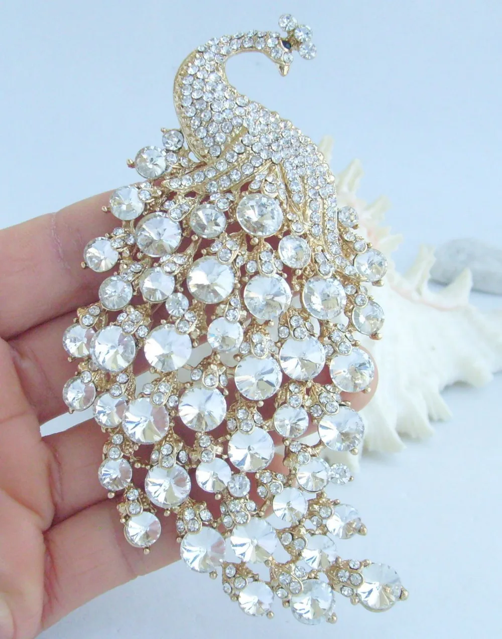 Animal 4.33" Gold Tone Clear Rhinestone Crystal Peacock Brooch