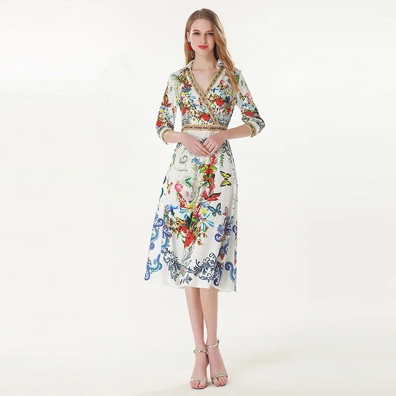 

High quality diamonds V neck dress New 2019 spring summer runways butterfly floral print dress A158