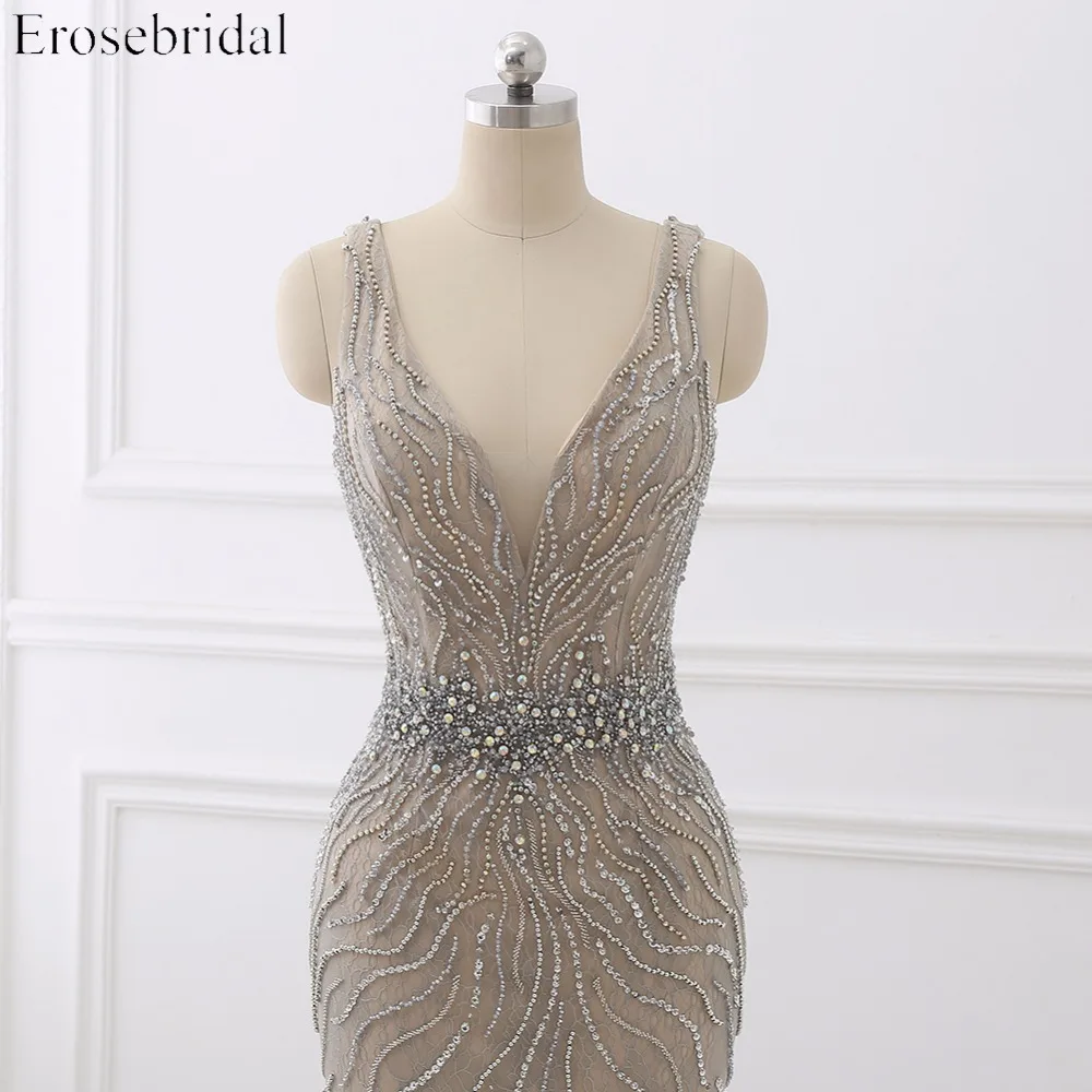 Женское длинное вечернее платье Русалка Erosebridal серое роскошное со шлейфом и