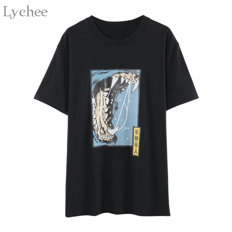 

Lychee Harajuku Punk Summer Women T Shirt Chinese Beast Print Casual Loose Short Sleeve T-shirt Tee Top