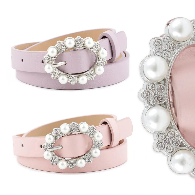 

Korean version of the women's belt simple fashion wild dress thin belt with pearl pin buckle belt 7 color optional