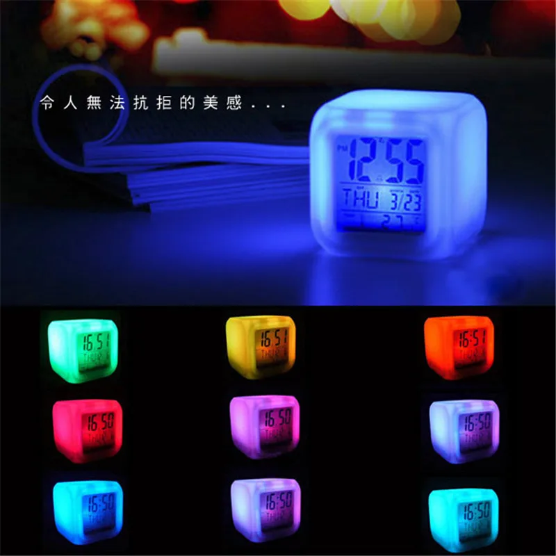 

Color changing clock modern design LED square silent digital desktop alarm clock calendar thermometer table clock home decor