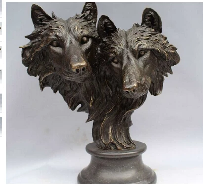 

Copper Brass CHINESE crafts decoration Asian 15 BRASS Animal Unity and Brave Two Wolf Head Rare Realistic Sculpture Statue