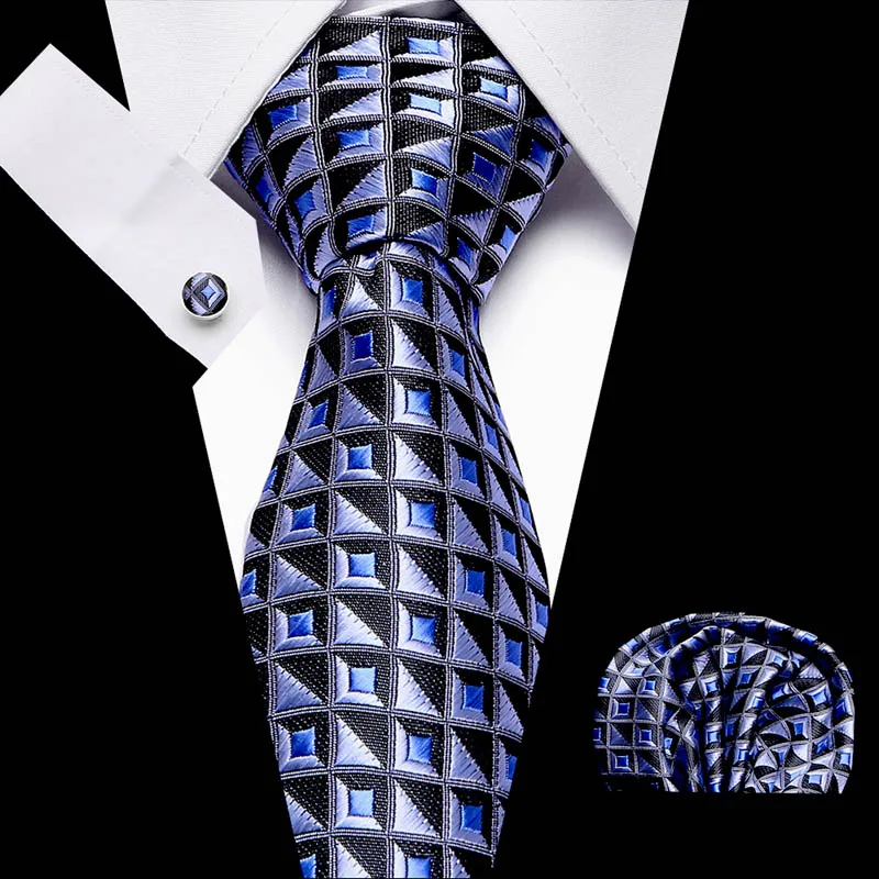 

2019 New Arrive Fashion Ties For Men Blue Novelty Jacquard Woven Necktie Hanky Cufflinks For Wedding Party Freeshipping