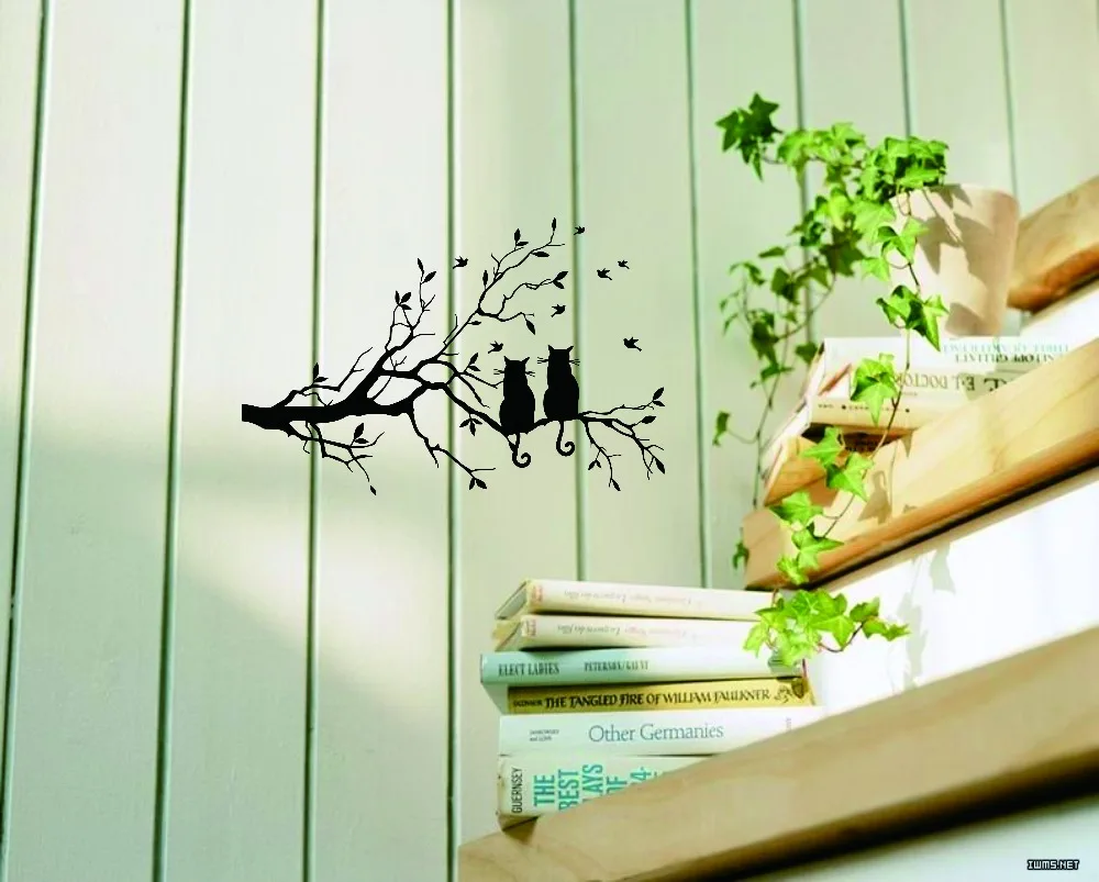 Two Cats On Long Tree Branch Vinyl Wall Sticker Animal Birds Wall Decal