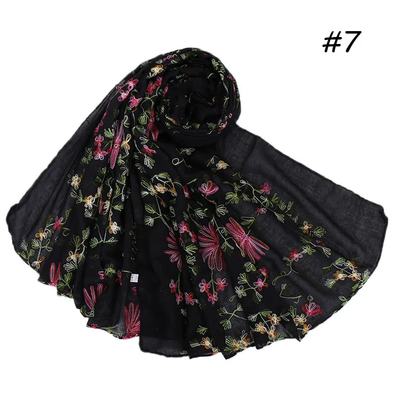 1 шт. весенний женский большой блестящий хлопковый шарф, шарфы хиджабы, мусульманский тюрбан, вышивка цветами, длинная шаль, платок, 200*90 см - Цвет: 7 black